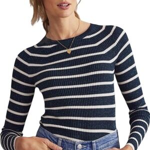 BODEN Effie L Sweater Sparkle Rib Knit Blue Stripe Pullover Long Sleeve Fitted